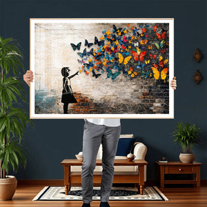 Banksy Graffiti Butterfly Girl Wall Art Canvas Print, Framed