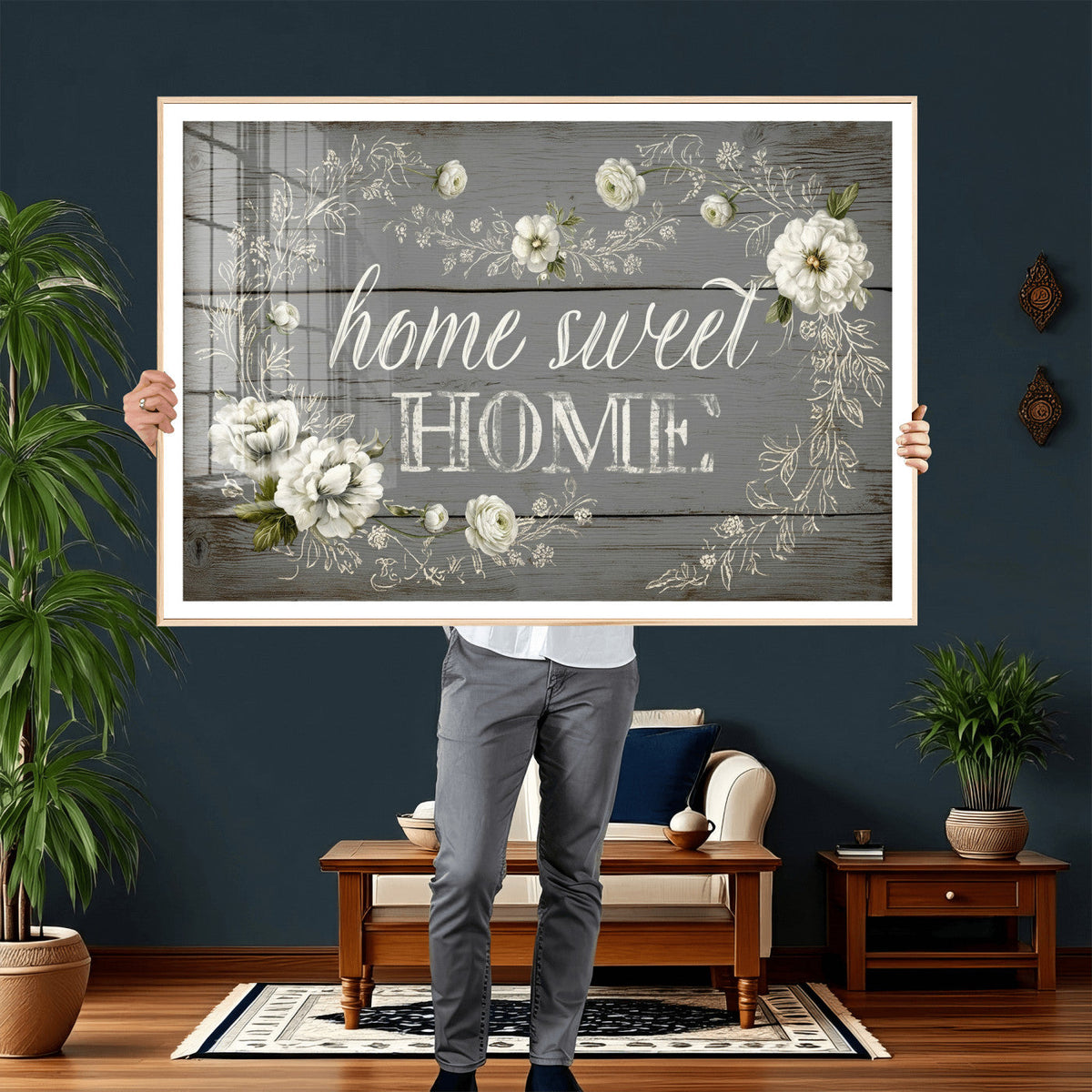 Home Sweet Home Wall Art Canvas Print, Floral Farmhouse