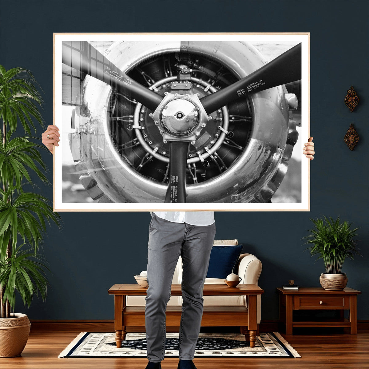 Vintage Propeller Plane Wall Art Canvas Print, Black and