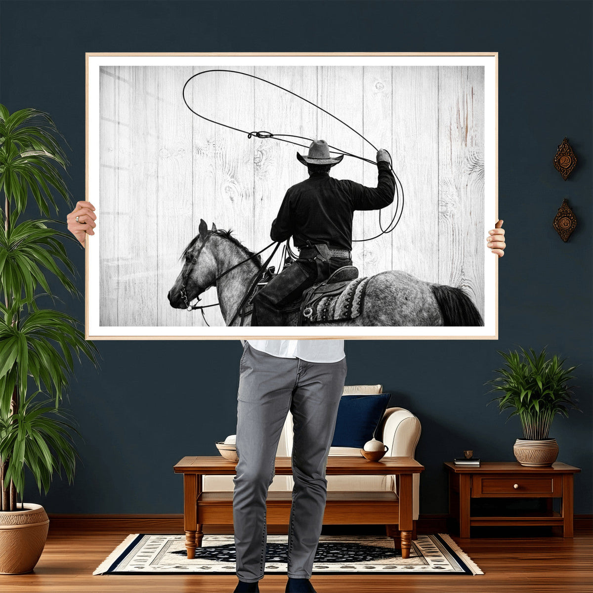 Cowboy Lasso Canvas Wall Art, Black White Western Horse