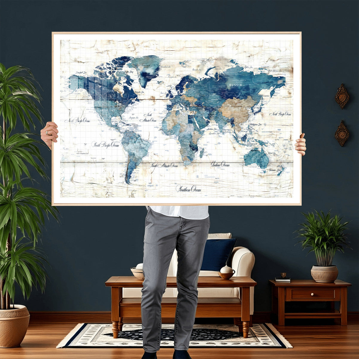 Watercolor World Map Canvas Wall Art Print – Abstract