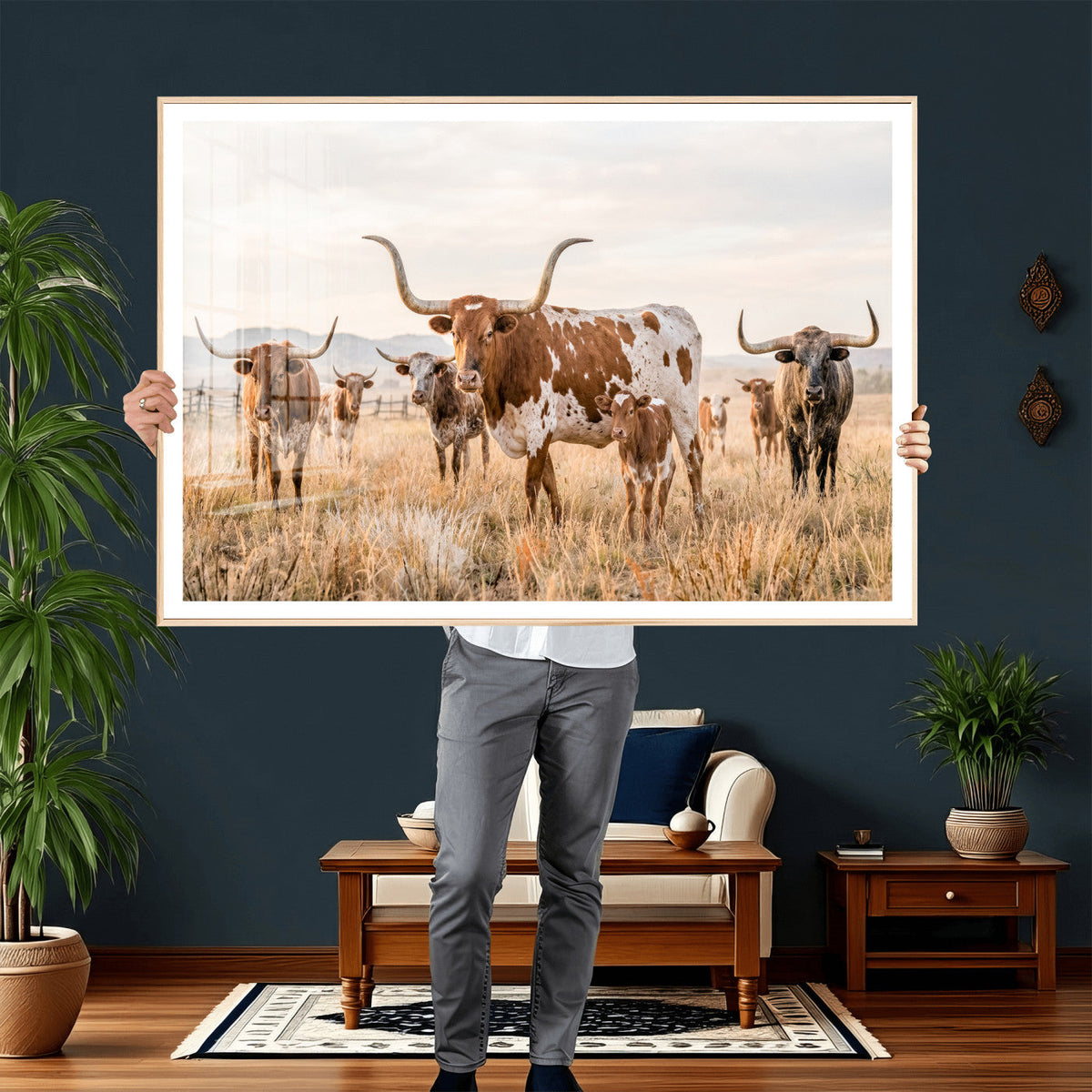 Texas Longhorn Canvas Wall Art, Rustic Farm Animal Photography Print, Farmhouse Country Decor, Western Ranch Art