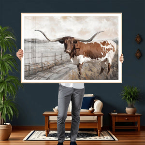 Vintage Texas Cow Wall Art Canvas Print, Rustic Longhorn