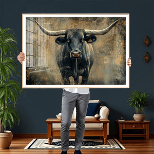 Texas Longhorn Bull Wall Art – Framed Rustic Cow Canvas