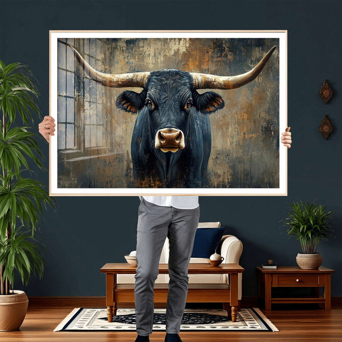Texas Western Wall Art Canvas Print - Abstract Cow Longhorn