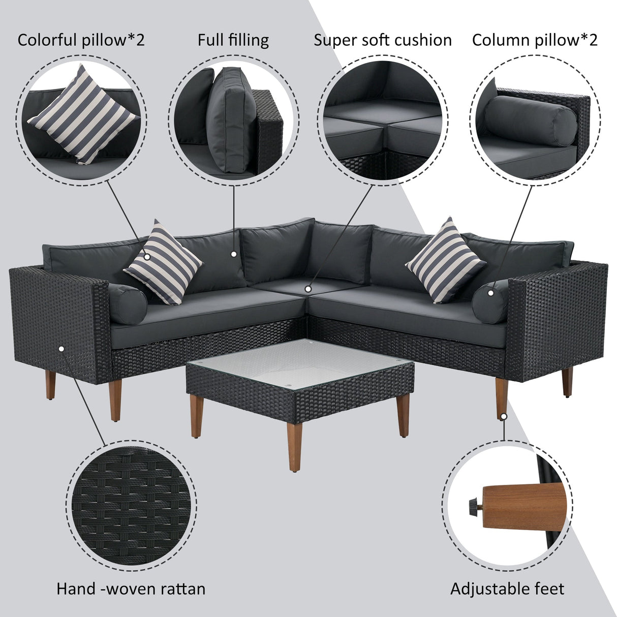 4-Pieces Outdoor Wicker Sofa Set with Colorful Pillows