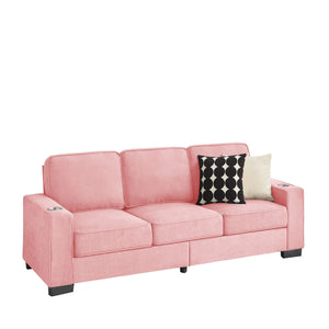 Modern Snowfleece Fabric 3 Seater Sofa with Cup Holder – Pink