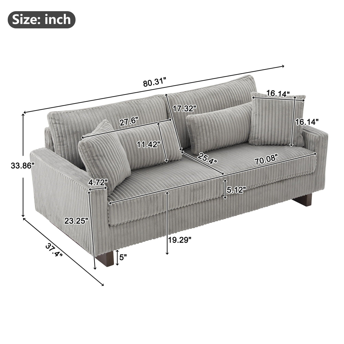 Modern Loveseat Sofa with 4 Pillows - Fabric Upholstery - Beige, Black, or Dark Gray