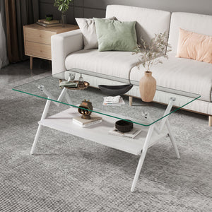 Rectangle Coffee Table With Tempered Glass Top And Shelf