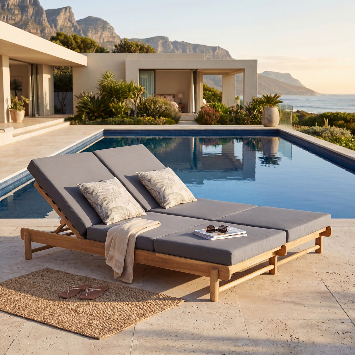 Light Teak Acacia Wood Double Chaise Lounger Set