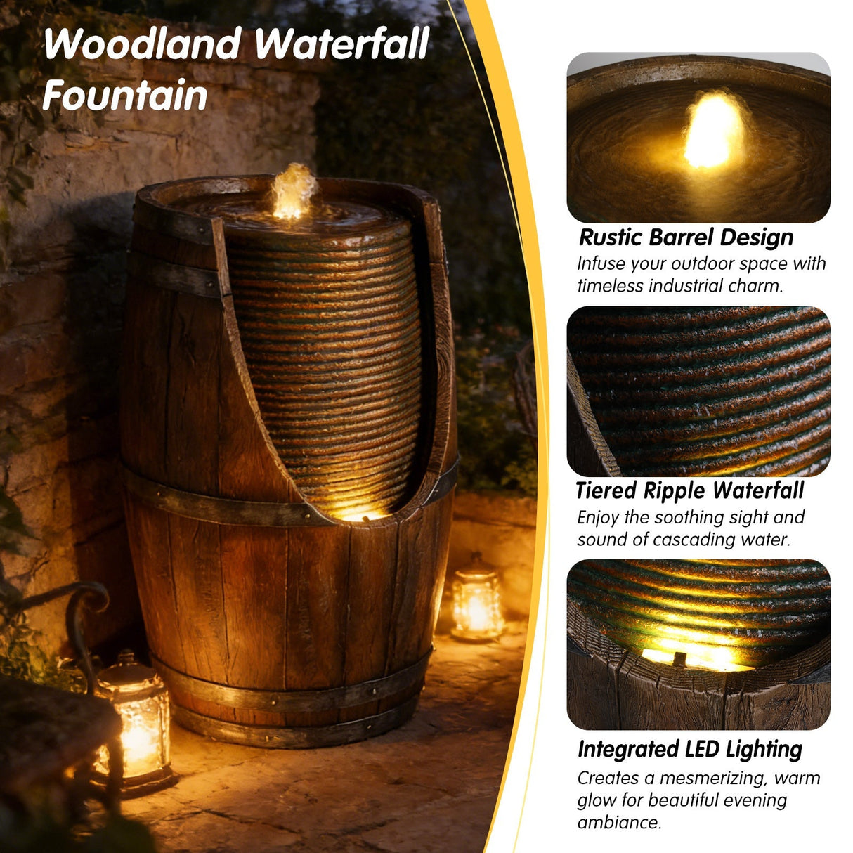 Outdoor Barrel Water Fountain with Lights Rustic Wood Look Resin Handmade Waterfall Garden Decor for Patio Yard Porch