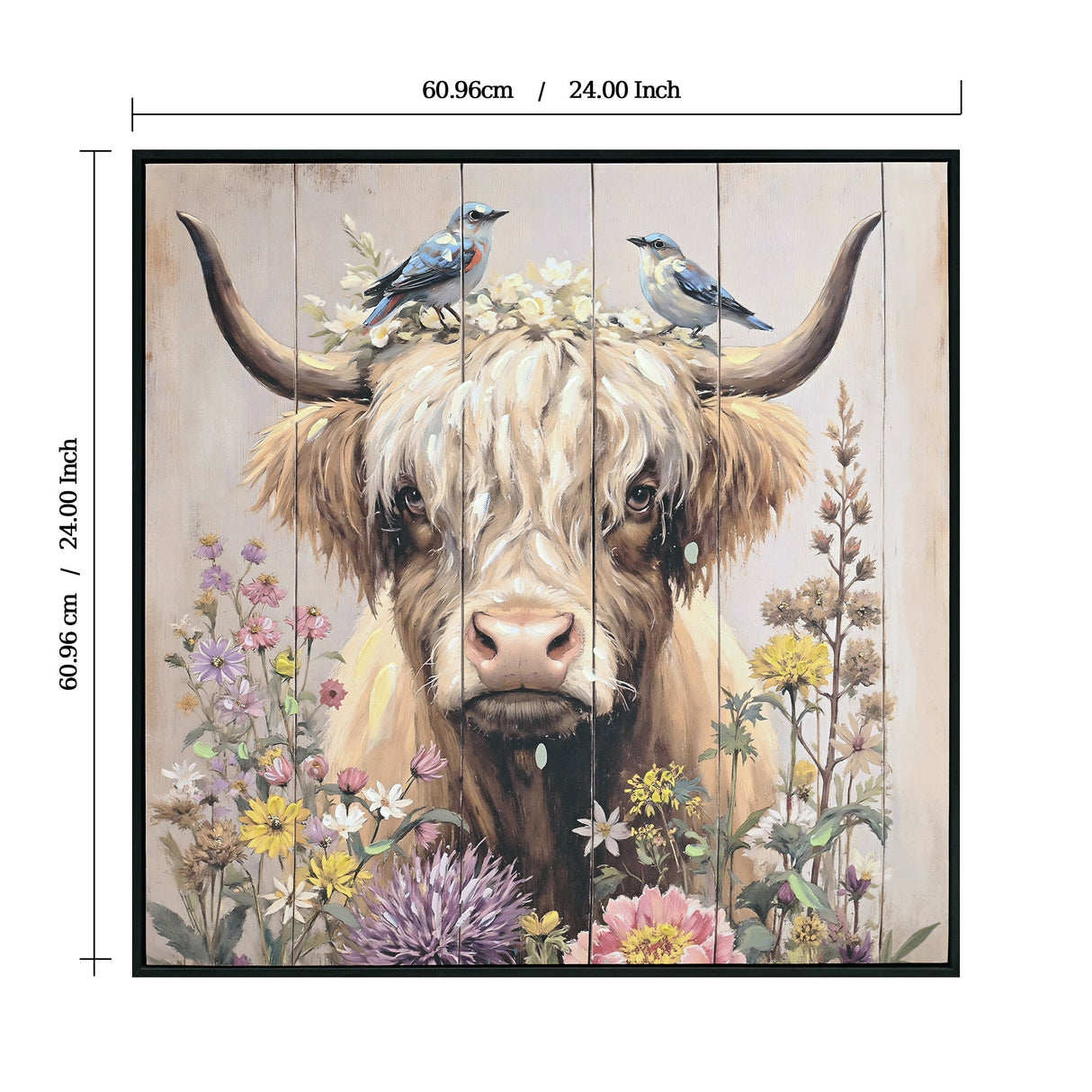 Farmhouse Highland Cow Wall Decor in Neutral colour: Rustic Cow and Chrysanthemum picture Canvas Art Print, Gift for Bathroom or Kitchen, Ideal Animal Artwork for Living Room 24*24INCH