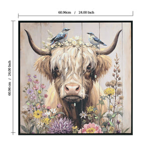 Farmhouse Highland Cow Wall Decor in Neutral colour: Rustic Cow and Chrysanthemum picture Canvas Art Print, Gift for Bathroom or Kitchen, Ideal Animal Artwork for Living Room 24*24INCH