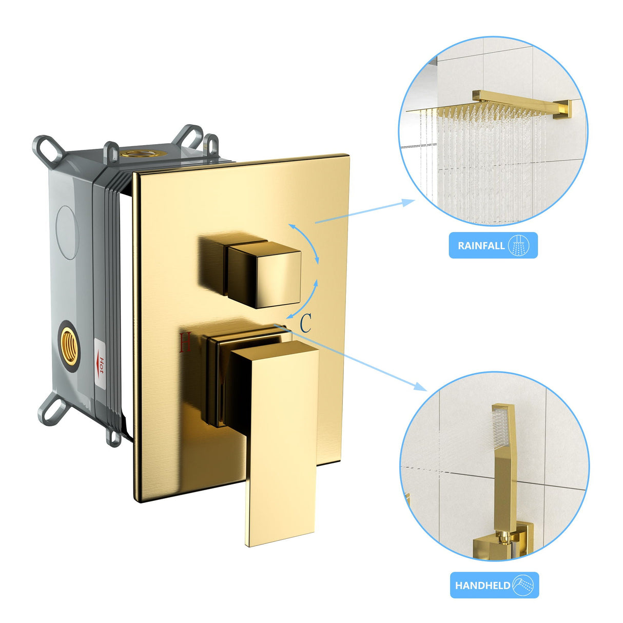Dual Shower Head System With 12" Square Rain Shower And Rough In Valve