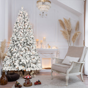 9FT Flocked Christmas Tree with 850 UL Lights and Pine Cones