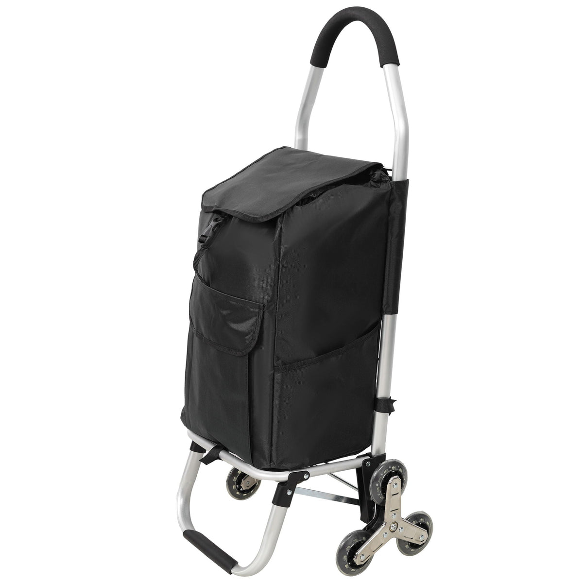 Foldable Shopping Stair Trolley With Triangular Wheels And Removable Waterproof Bag - Black