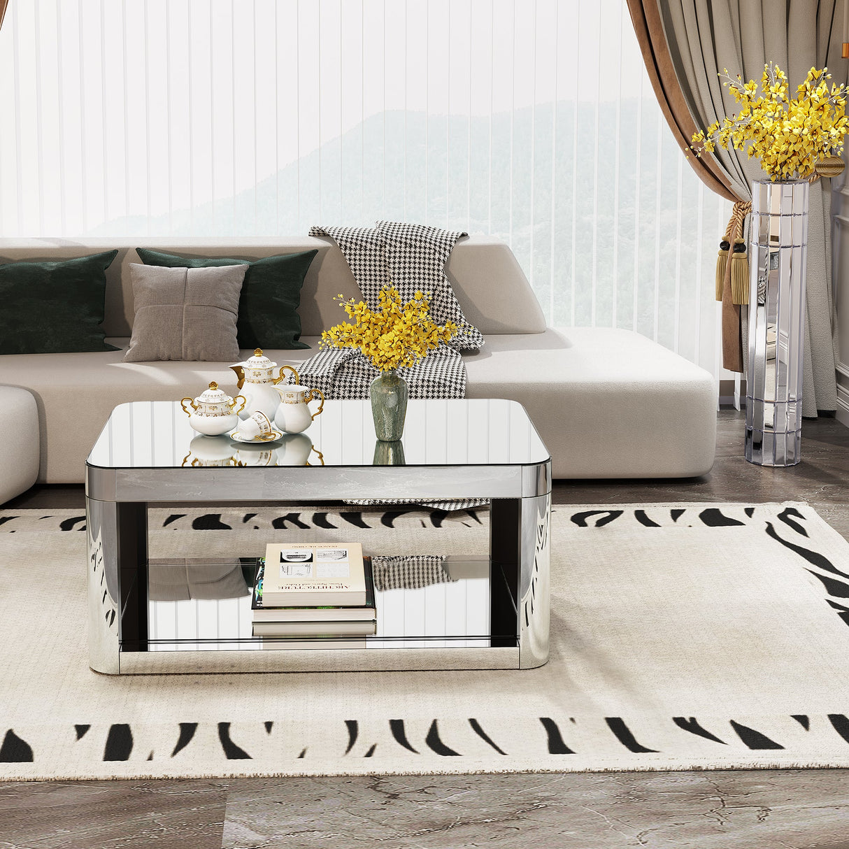 Baked Curved Mirror Coffee Table for Living Room