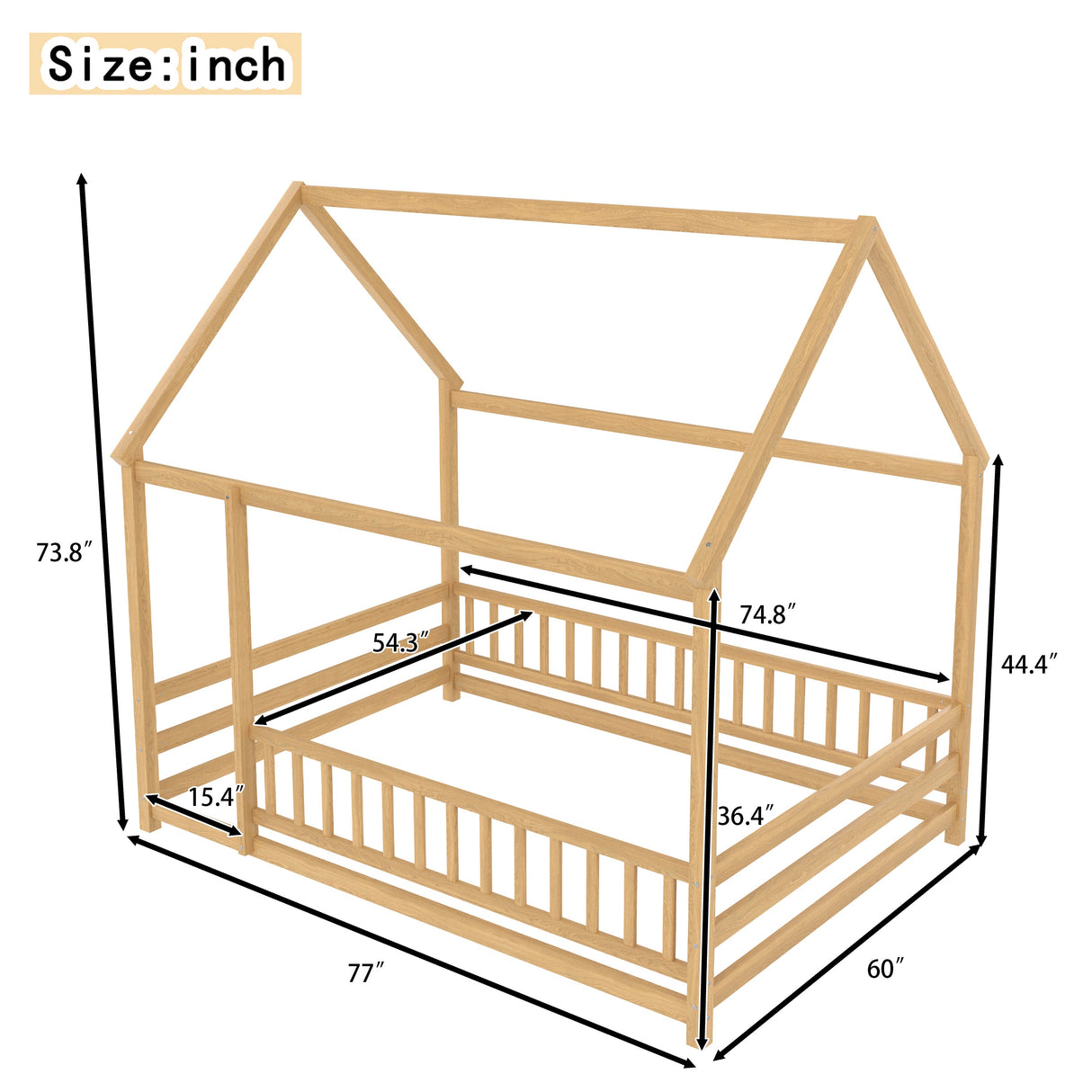 Full Size Floor Wooden Bed with House Roof Frame