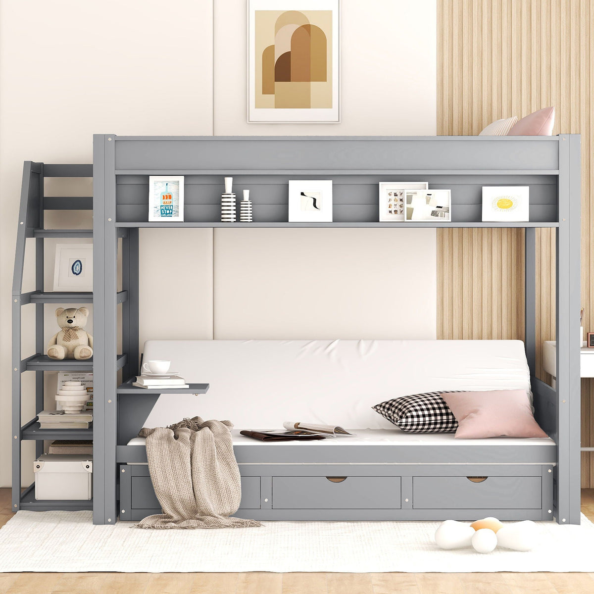 Full Size Convertible Wood Bunk Bed with Storage Staircase - Gray