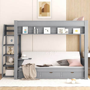 Full Size Convertible Wood Bunk Bed with Storage Staircase - Gray