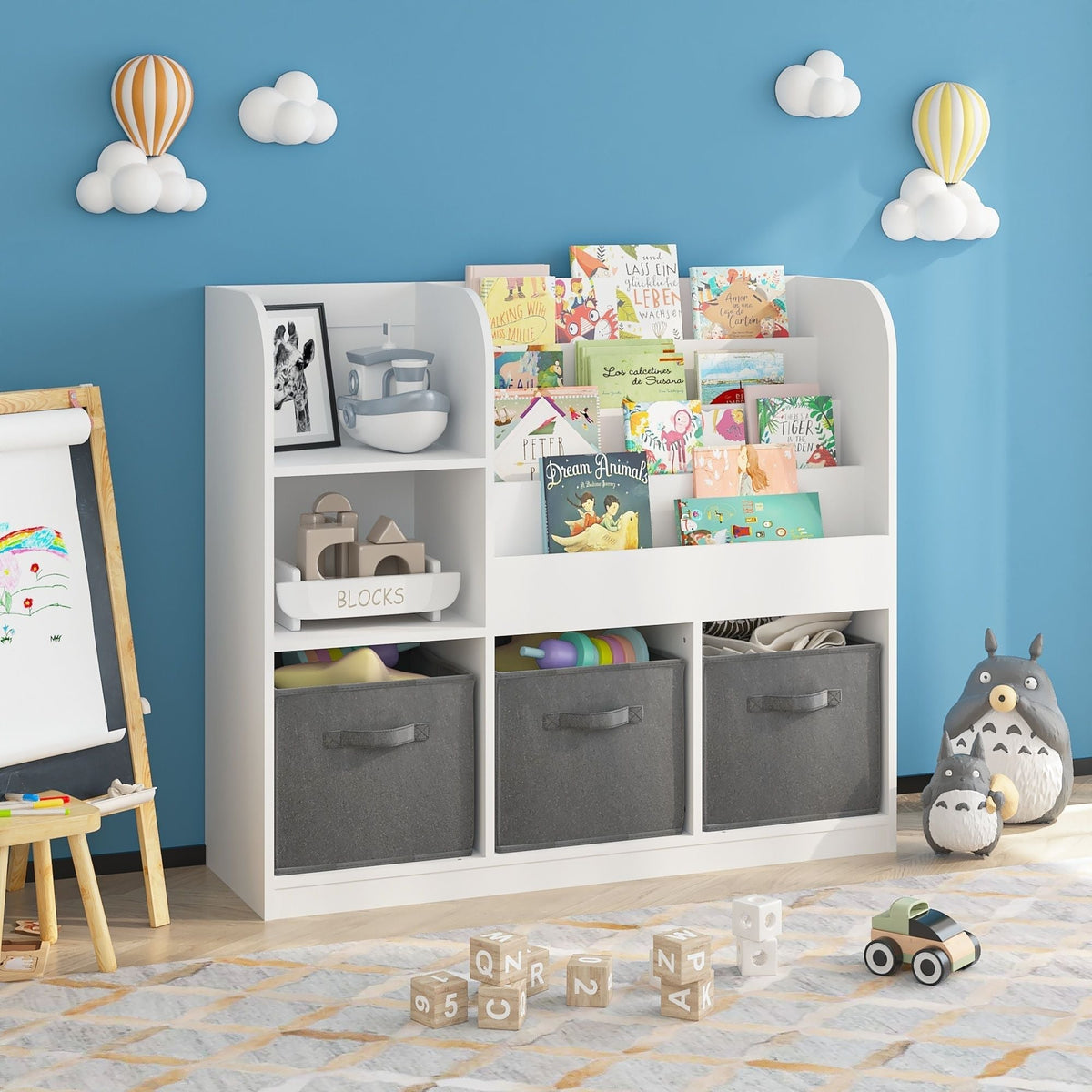 Bookcase and Bookshelf with 3 Collapsible Drawers - Pink or Dark Gray