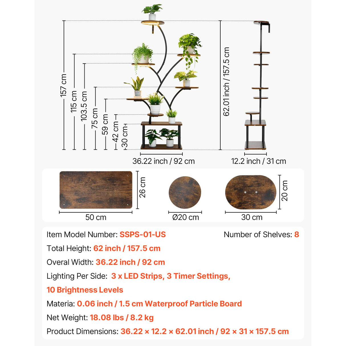 Plant Stand Indoor with Grow Lights - 62 in Tall 8-Tier Lighted Shelf