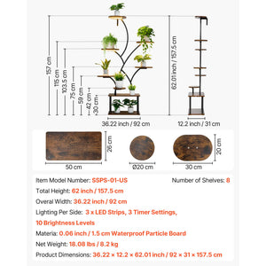 Plant Stand Indoor with Grow Lights - 62 in Tall 8-Tier Lighted Shelf