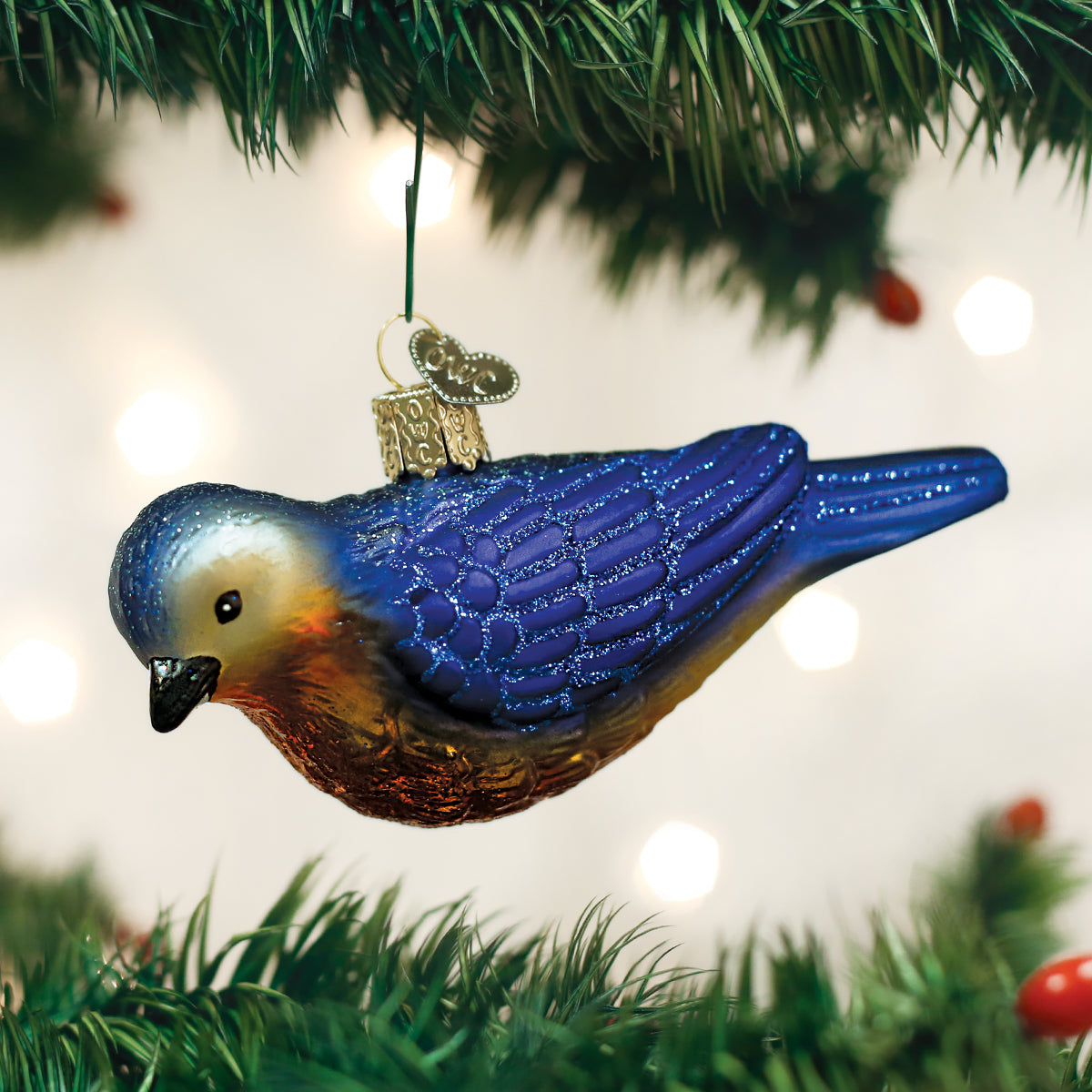 Hanging Western Bluebird Blown Glass Ornament