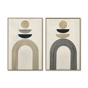 24x36 Set of 2 Framed Boho Abstract Wall Art, Neutral Antique