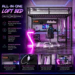 Queen Loft Bed with L-shaped Desk and USB Ports