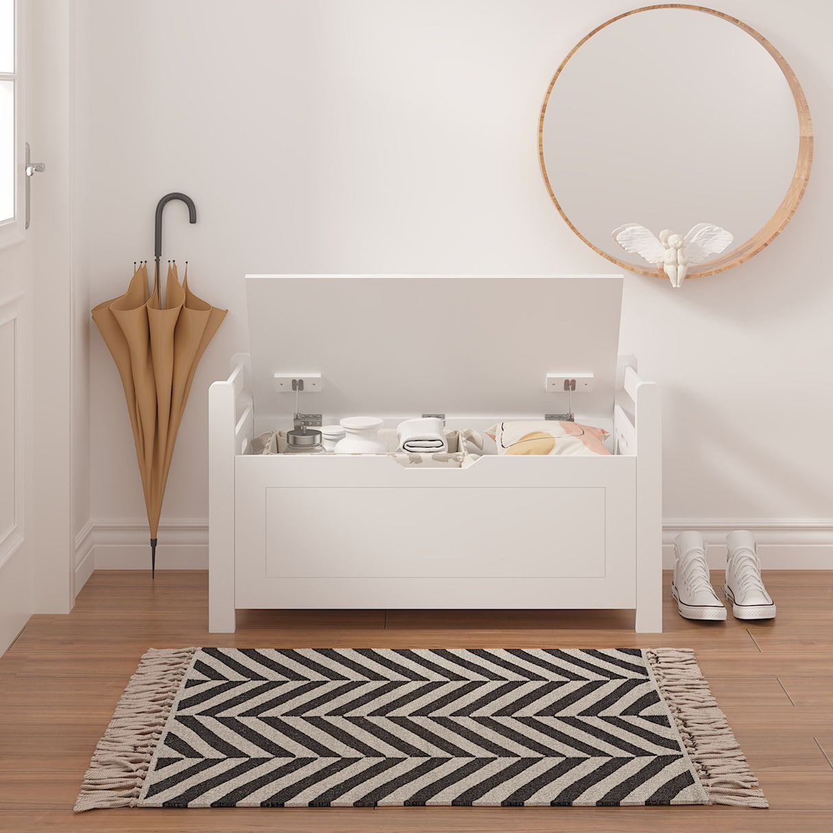 Kids Toy Box Chest Storage Cabinet With Cushion Seat Bench Flip Top Lid Safety Hinge - White