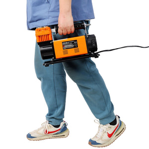 Heavy Duty 12V Air Compressor, Tire Inflator With Pressure Gauge, Compact Size - Black / Orange