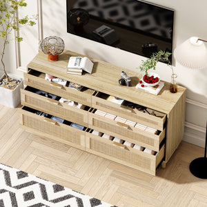 Rattan Dresser With 6 Drawers, Legs & Handles, Storage Cabinet - Natural