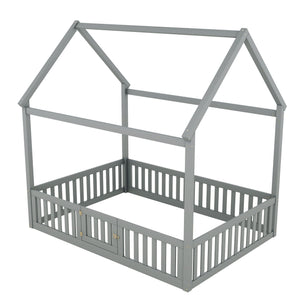 Wood House Bed With Fence And Door