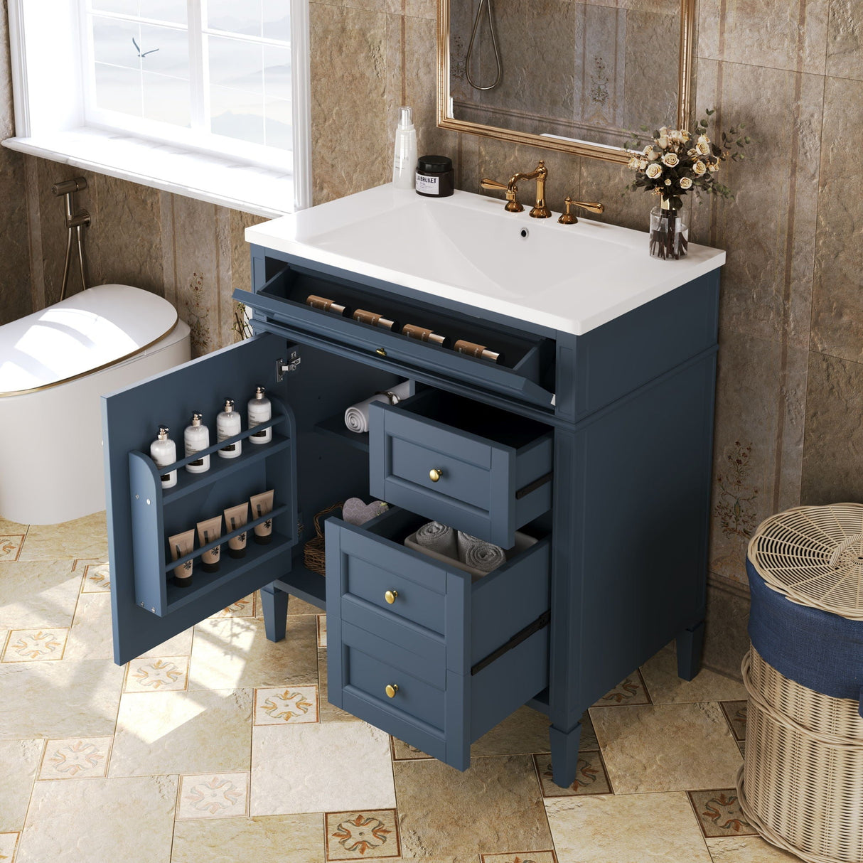 Bathroom Vanity With Top Sink, 2 Drawers and Tip Out Drawer