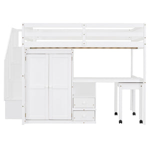Loft Bed With Stairs, Bookshelf, Drawers, Desk & Wardrobe, Space Saving Multifunctional Furniture