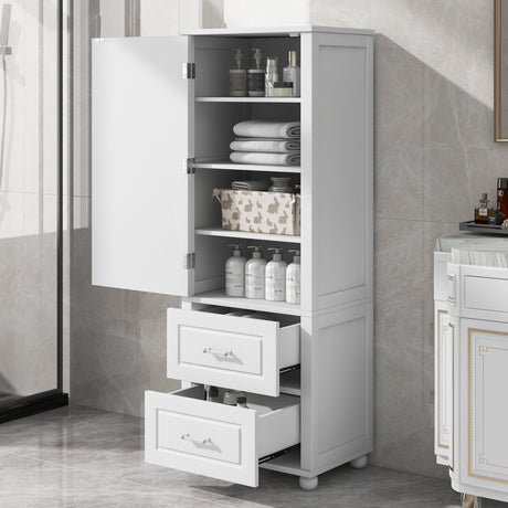 White Tall Bathroom Storage Cabinet with Drawers and Adjustable Shelves
