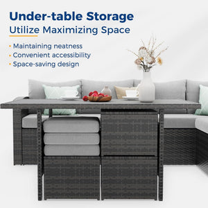 7 Piece Outdoor Dining Set With Cushions, Modular Sectional Sofa And Table
