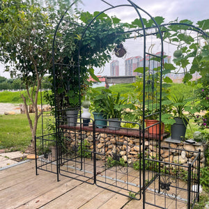 Garden Arch Arbor Trellis for Climbing Plants with Gate, Durable Metal Garden Arch Outdoor Wedding Arch, for Wedding Ceremony Party Plant Climbing Rose Vines Lawn Courtyard Patio Black, 7.15ft