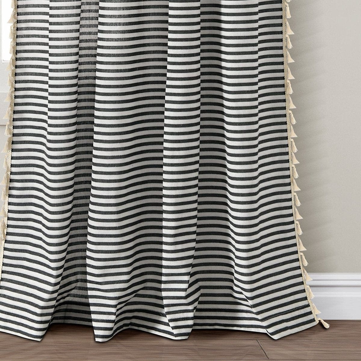 Boho Coastal Horizontal Ticking Stripe Tassel Window Curtain Panel Set