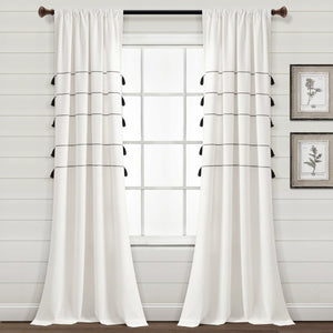 Farmhouse Boho Stripe Woven Tassel Yarn Dyed Recycled Cotton Blend Window Curtain Panel Set
