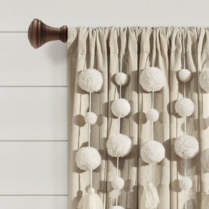 Boho Pom Pom Tassel Faux Linen Window Curtain Panel