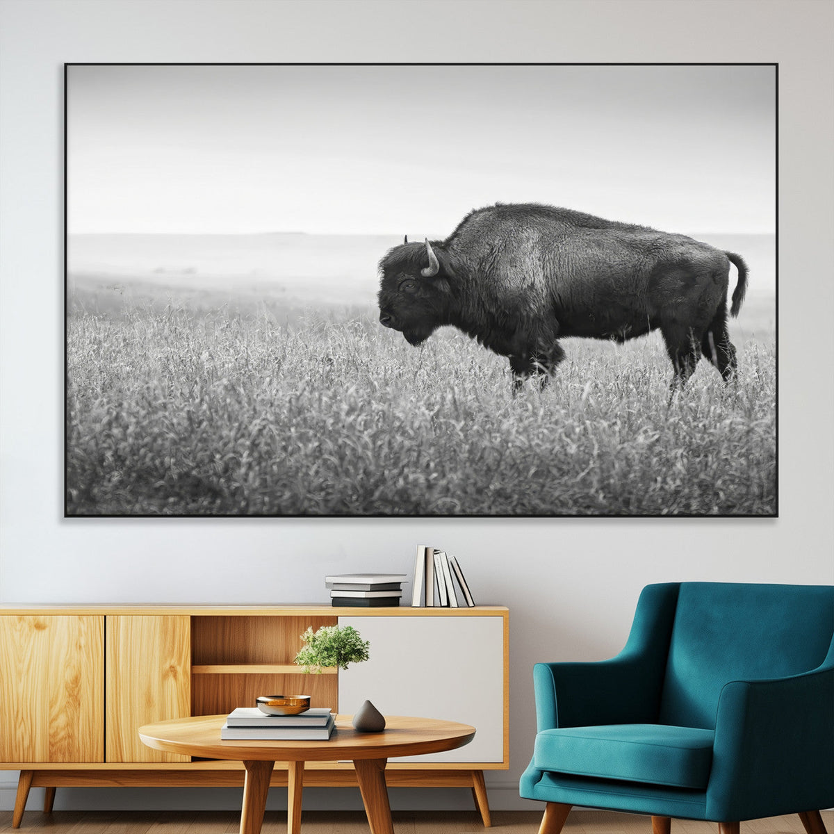 Bison in Prairie Wall Art Canvas Print – Framed Rustic