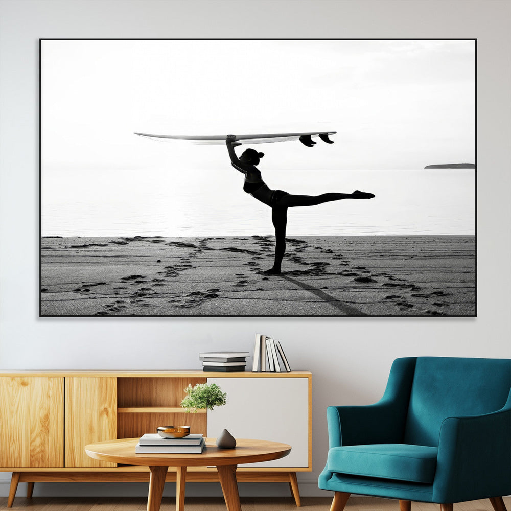Yoga Surf Wall Art Canvas Print – Framed Black White Shore
