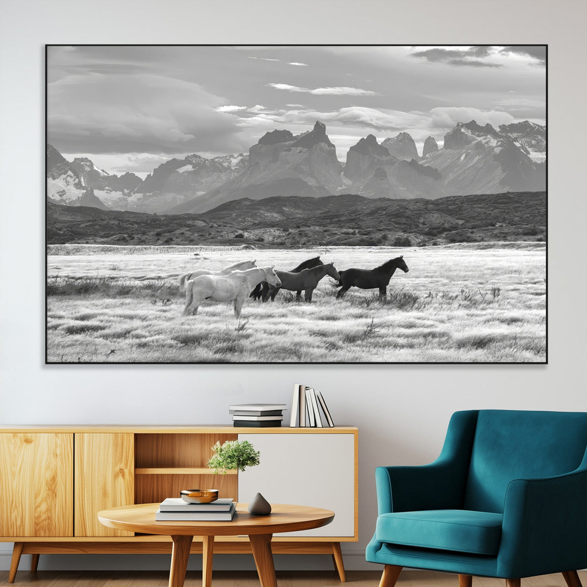 Wild Horses Wall Art Canvas Print – Framed Black and White
