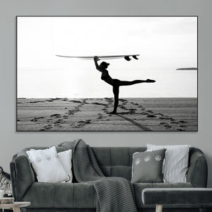Yoga Surf Wall Art Canvas Print – Framed Black White Shore