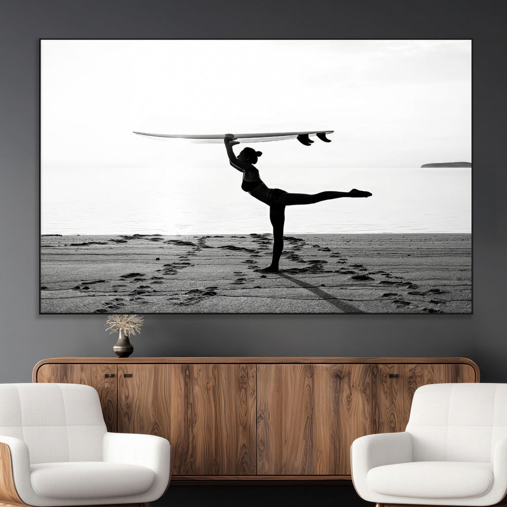 Yoga Surf Wall Art Canvas Print – Framed Black White Shore