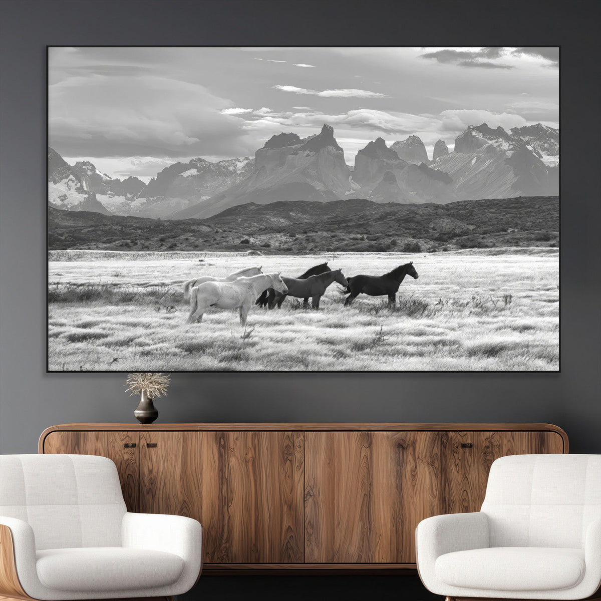 Wild Horses Wall Art Canvas Print – Framed Black and White