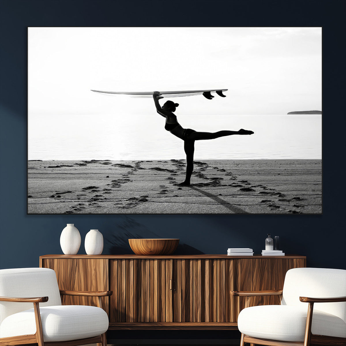 Yoga Surf Wall Art Canvas Print – Framed Black White Shore