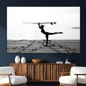 Yoga Surf Wall Art Canvas Print – Framed Black White Shore